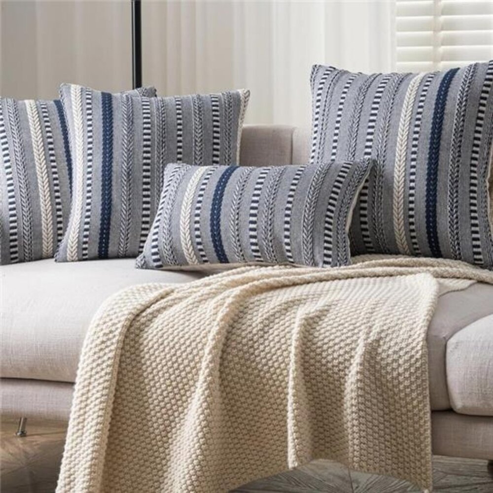 New West Elm Set 2 Navy Blue Boho Embroidered Throw Pillow Case Cover Sham 18x18 - Picture 6 of 9
